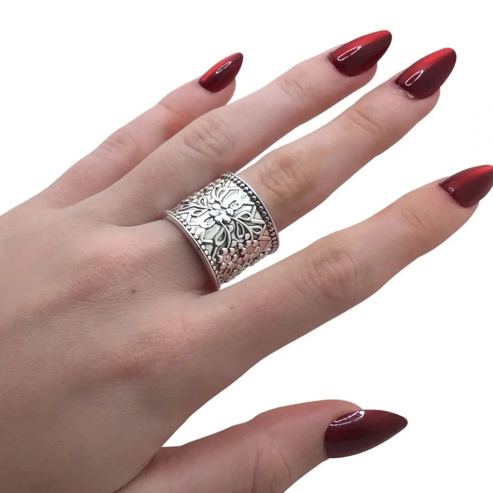 Silver- Tone Floral Wide Band Thumb Ring Adjustable Boho Vintage Style Statement - Picture 8 of 11